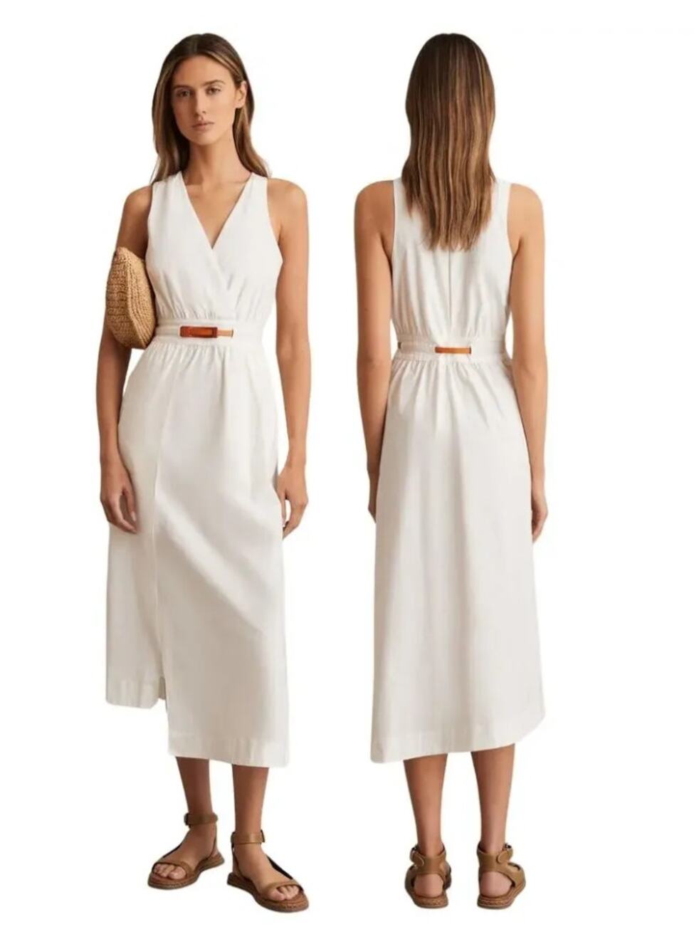 Reiss Brianne Poplin Belted Asymmetrical Midi Dress 0 NWT Coastal White Western